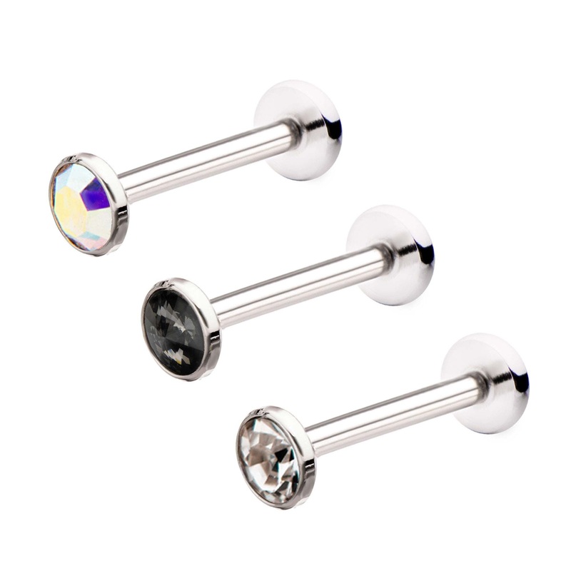 Internally Threaded Labret Bezel Set 4mm CZ top 16G (1.2mm) Length: 1/4″ (6mm) Clear