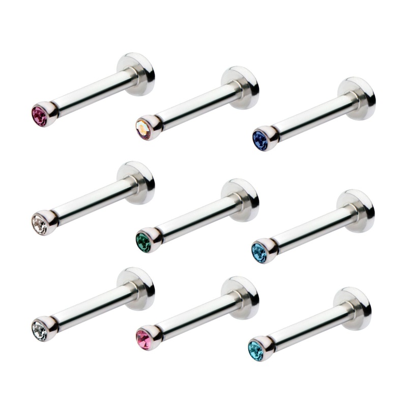 Internally Threaded Labret Bezel Set CZ top 14G (1.6mm) Length: 3/8″ (10mm) Amethyst