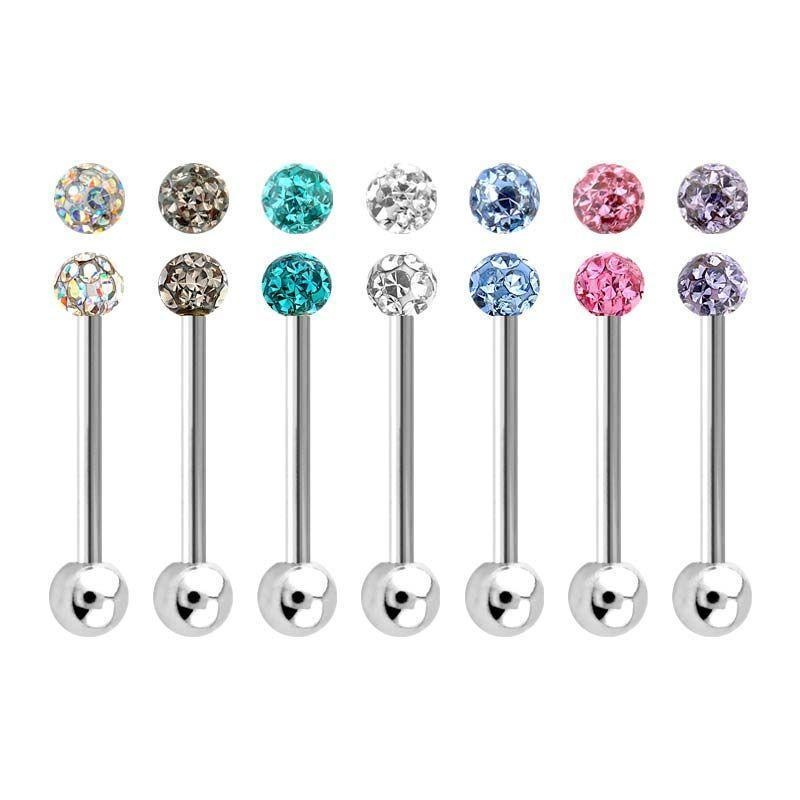 Multi Gem Tongue Barbell 14G (1.6mm) Length: 5/8″ (16mm) | Ball-Size: 6mm ball Aurora Borealis