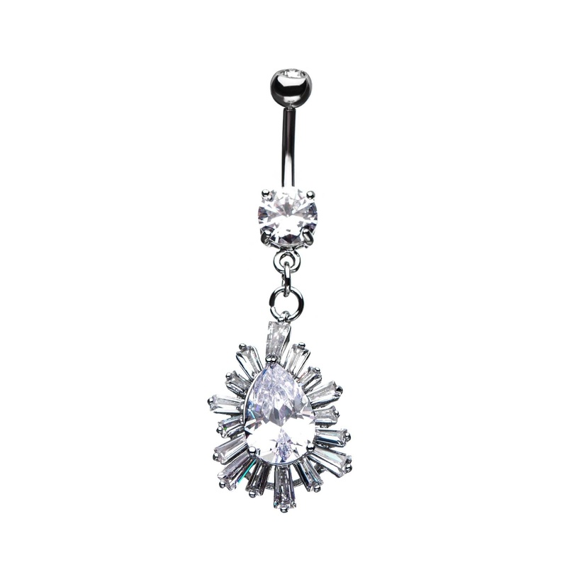 Teardrop Clear CZ at the Center Dangle Belly Ring 14G (1.6mm) Length/Inner Diameter: 3/8″ (10mm)