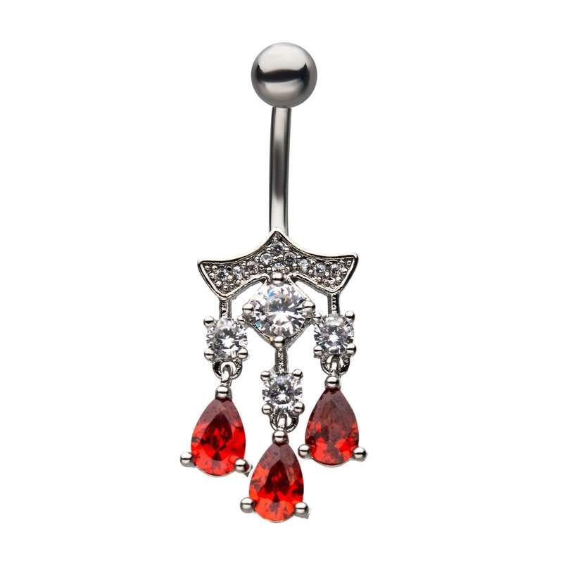 Three Tiered Clear Ruby Red CZ Dangle Belly Ring 14G (1.6mm) Length/Inner Diameter: 3/8″ (10mm) | Ball-Size: 5mm top ball