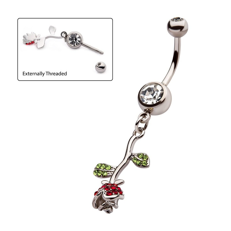 Upside Down Hanging Rose Stem Dangle Belly Ring 14G (1.6mm) Length/Inner Diameter: 3/8″ (10mm)