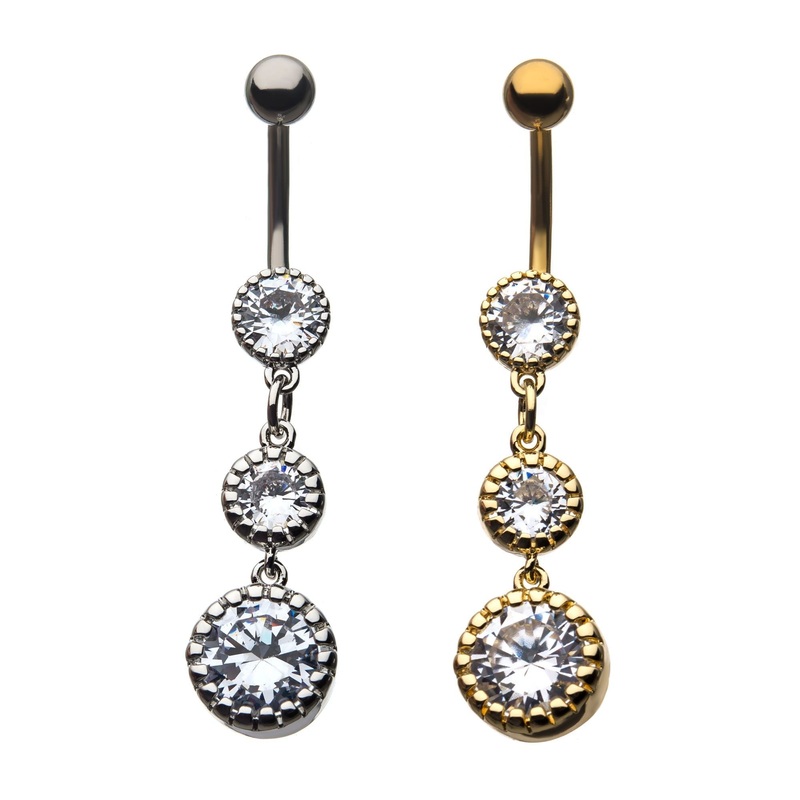 3-Bezel Set Clear CZ Dangle Belly Ring 14G (1.6mm) Length/Inner Diameter: 7/16″ (11mm) Gold / Clear