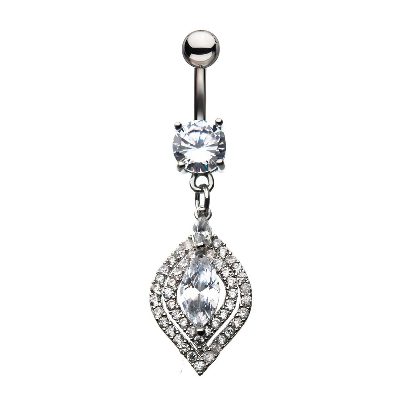 Clear CZ Chain Dangle Belly Ring 14G (1.6mm) Length/Inner Diameter: 3/8″ (10mm)