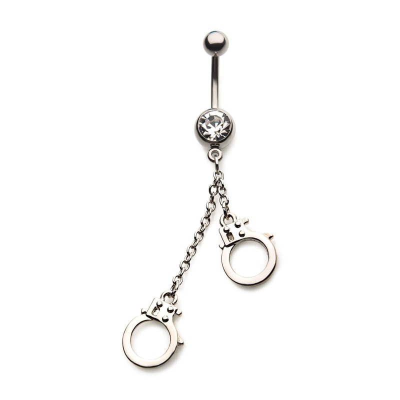 Clear CZ Handcuff Dangle Belly Ring 14G (1.6mm) Length/Inner Diameter: 7/16″ (11mm)