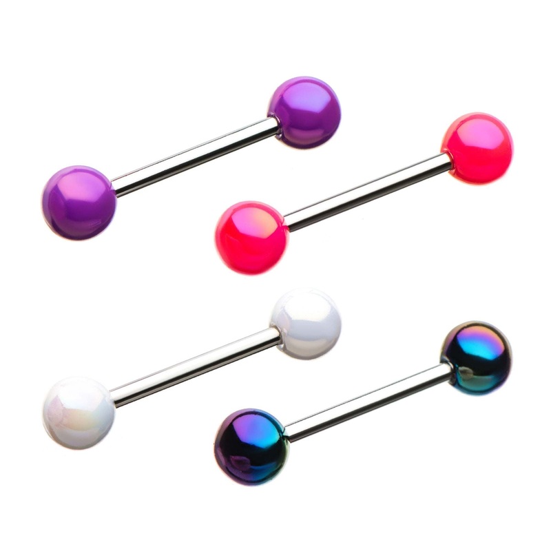 Coated Aurora Borealis Tongue Barbell 14G (1.6mm) Length: 5/8″ (16mm) Pink