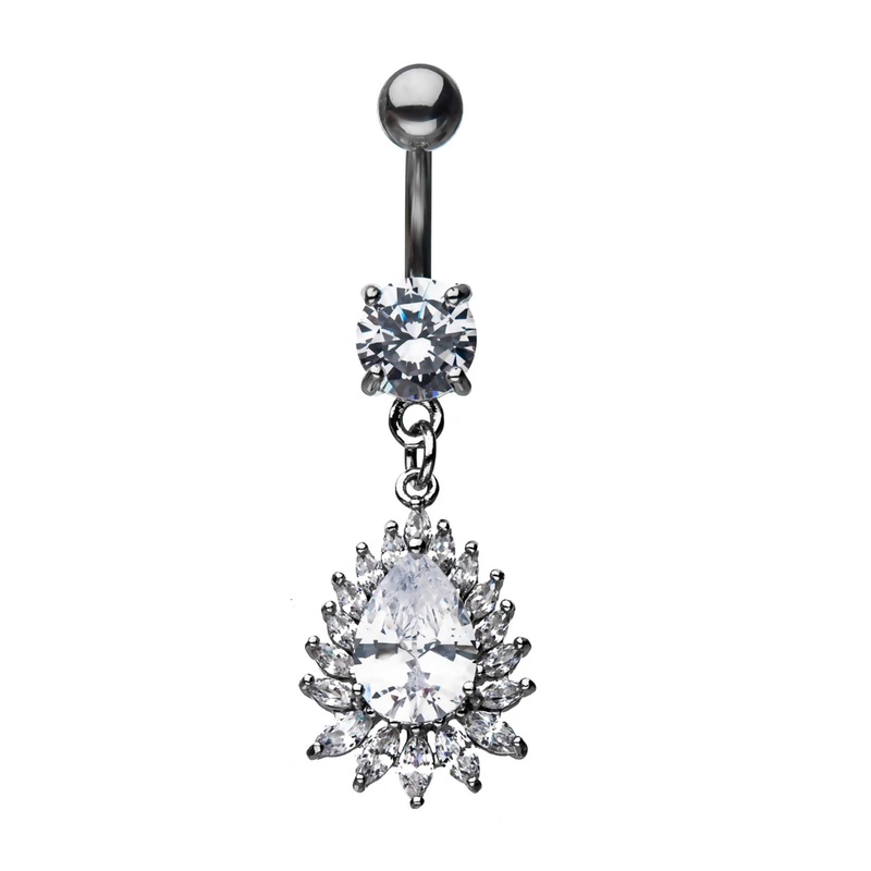 Teardop Clear CZ Gem Dangle Belly Ring Triangle CZ Edging 14G (1.6mm) Length/Inner Diameter: 3/8″ (10mm)