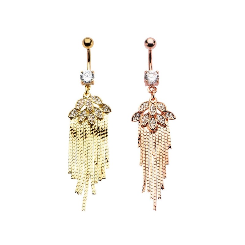 14G 3/8 Dangle Belly Ring Cz Peacock Feather Dangle Charm 14G (1.6mm) Length: 3/8″ (10mm) Gold