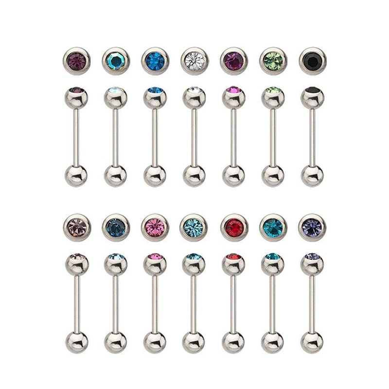14g 5/8 inch Bezel Set CZ Piercing Straight Tongue Barbell 14G (1.6mm) Length: 5/8″ (16mm) Aurora Borealis