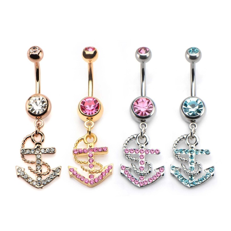 14g 7/16 Dangle Belly Ring Swarovski Crystal Anchor Dangle Charm 14G (1.6mm) Length: 7/16″ (11.2mm) Clear