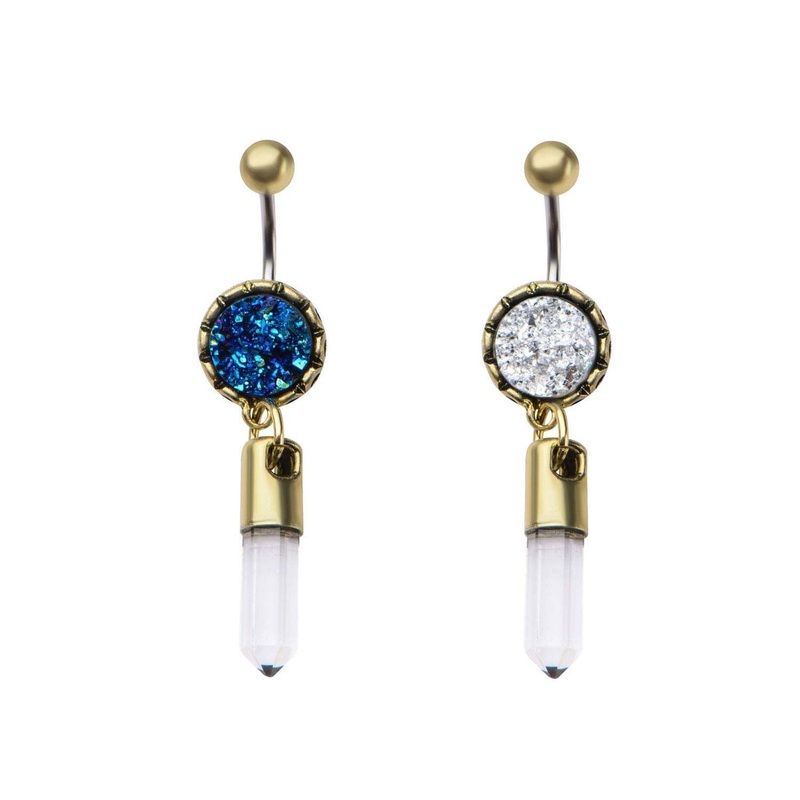 14g Gold Dangle Belly Ring Druzy and Crystal Pendulum Dangle Charm 14G (1.6mm) – White