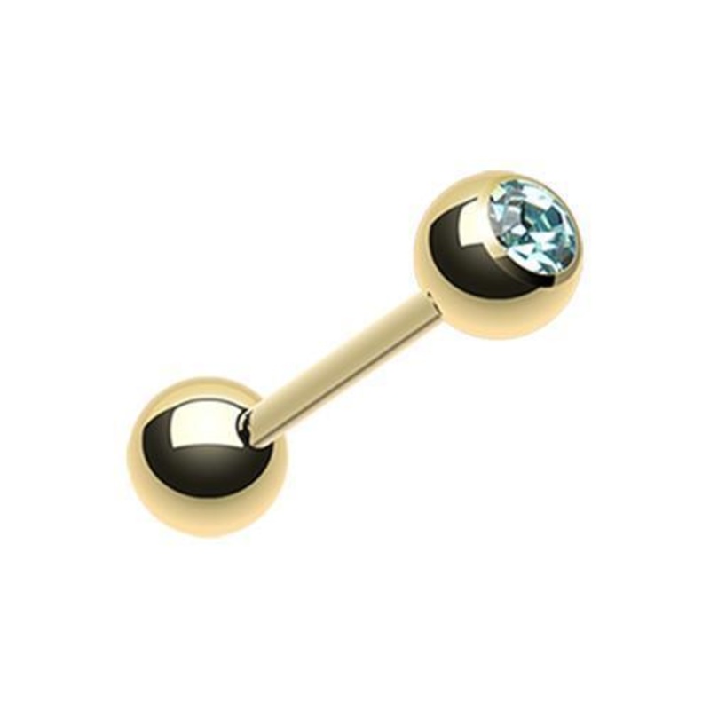 Aqua Gold Plated Gem Ball Barbell Tongue Ring 14G (1.6mm) Length: 5/8″ (16mm) | Ball-Size: 3/16″ (5mm)