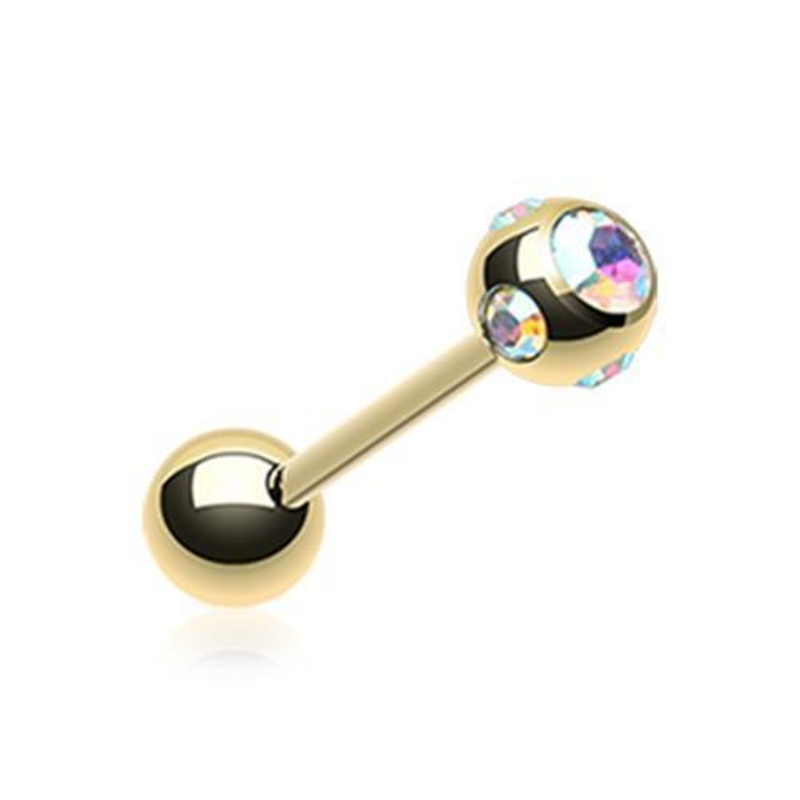 Aurora Borealis Gold Plated Aurora Gem Ball Barbell Tongue Ring 14G (1.6mm) Length: 5/8″ (16mm) | Ball-Size: 3/16″ (5mm)