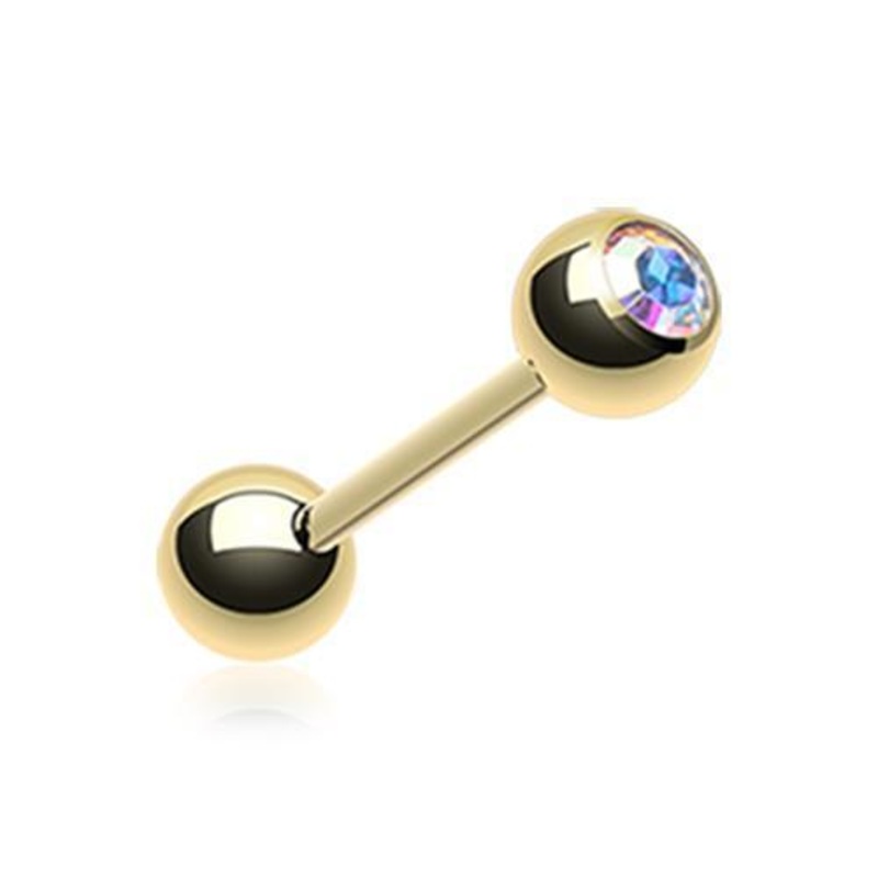 Aurora Borealis Gold Plated Gem Ball Barbell Tongue Ring 14G (1.6mm) Length: 5/8″ (16mm) | Ball-Size: 3/16″ (5mm)