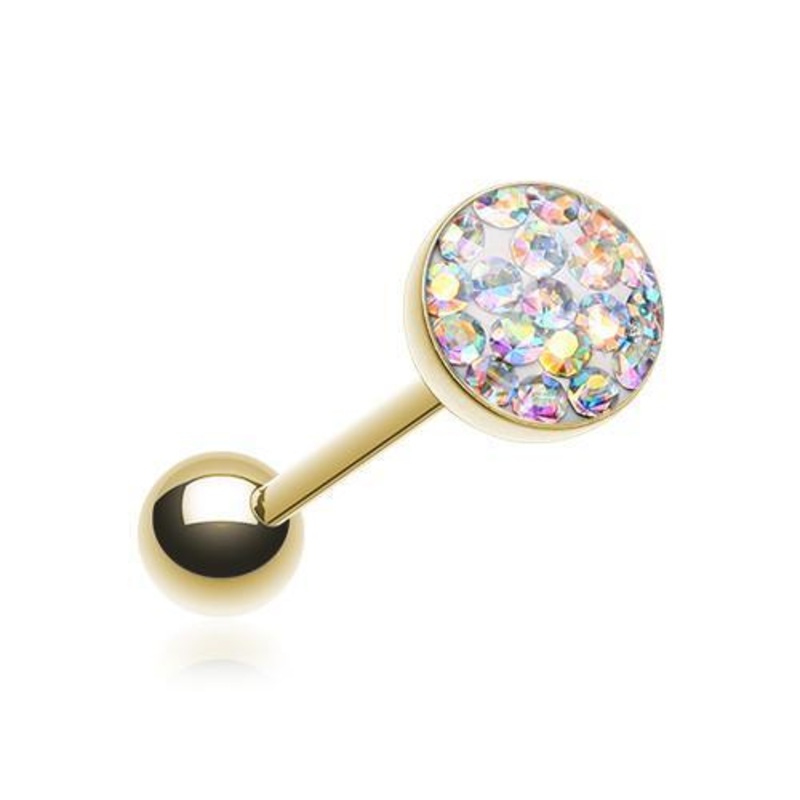 Aurora Borealis Golden Multi-Sprinkle Dot Multi Gem Barbell Tongue Ring 14G (1.6mm) Length: 5/8″ (16mm) | Ball-Size: 5/16″ (8mm)