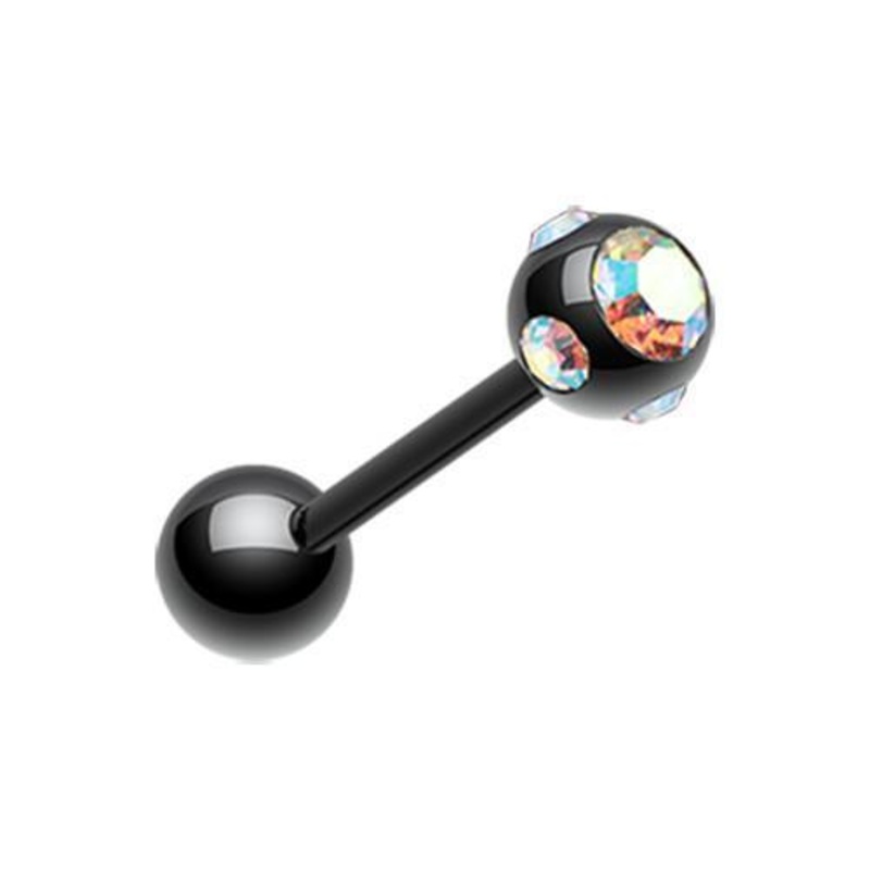 Black/Aurora Borealis PVD Aurora Gem Ball Barbell Tongue Ring 14G (1.6mm) Length: 5/8″ (16mm) | Ball-Size: 3/16″ (5mm)