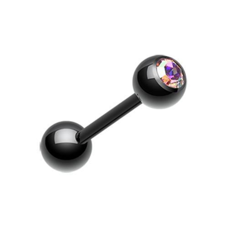 Black/Aurora Borealis PVD Gem Ball Barbell Tongue Ring 14G (1.6mm) Length: 5/8″ (16mm) | Ball-Size: 3/16″ (5mm)