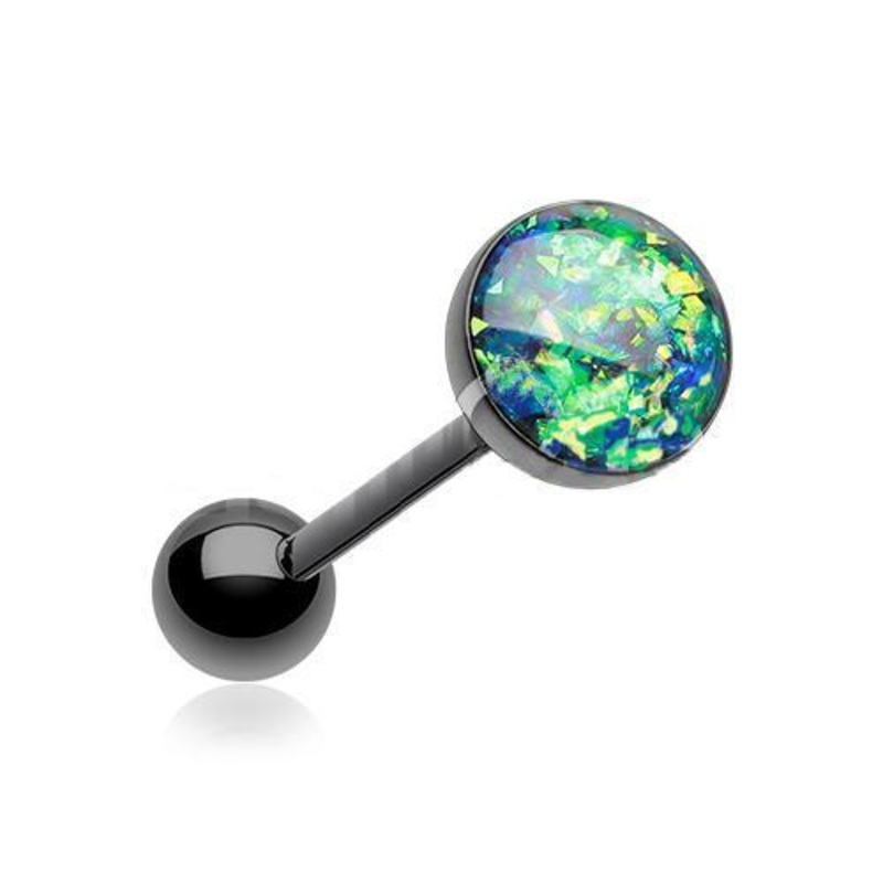 Black/Black Opal Sparkle Barbell Tongue Ring 14G (1.6mm) Length: 5/8″ (16mm) | Ball-Size: 5/16″ (8mm)