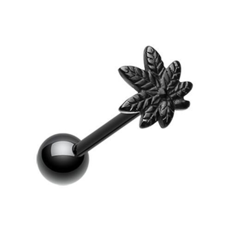 Black PVD Pot Leaf Top Barbell Tongue Ring 14G (1.6mm) Length: 5/8″ (16mm) | Ball-Size: 5/16″ (8mm)
