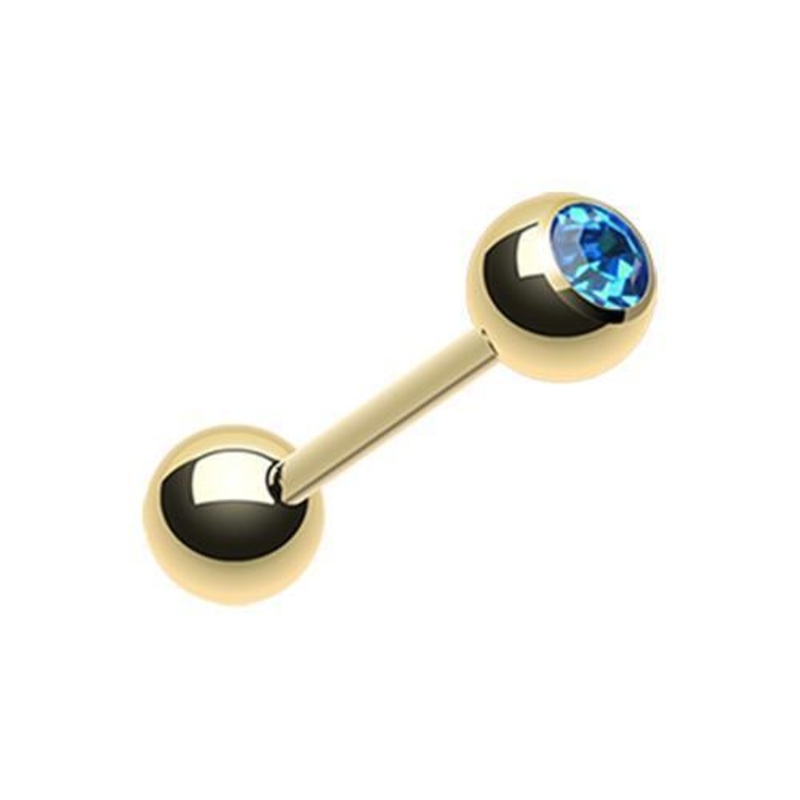 Blue Gold Plated Gem Ball Barbell Tongue Ring 14G (1.6mm) Length: 5/8″ (16mm) | Ball-Size: 3/16″ (5mm)