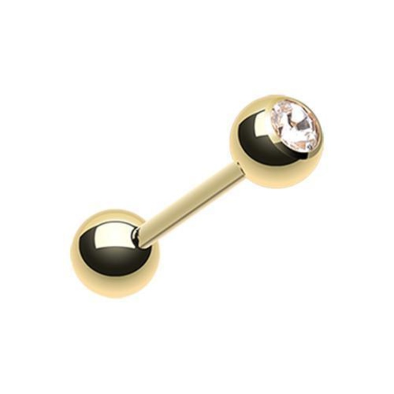 Clear Gold Plated Gem Ball Barbell Tongue Ring 14G (1.6mm) Length: 5/8″ (16mm) | Ball-Size: 3/16″ (5mm)