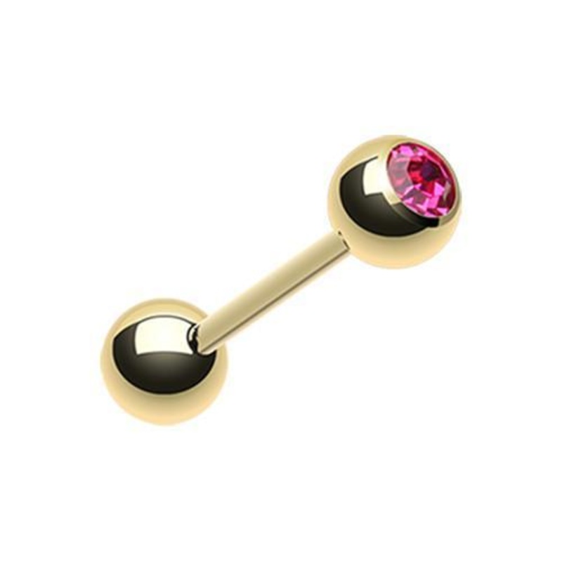 Fuchsia Gold Plated Gem Ball Barbell Tongue Ring 14G (1.6mm) Length: 5/8″ (16mm) | Ball-Size: 3/16″ (5mm)