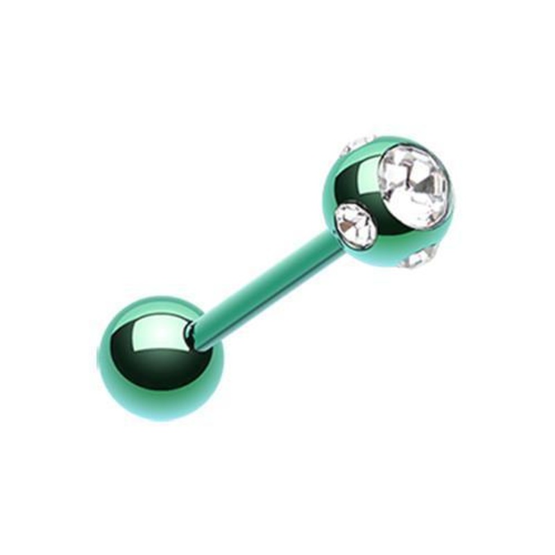 Green/Clear PVD Aurora Gem Ball Barbell Tongue Ring 14G (1.6mm) Length: 5/8″ (16mm) | Ball-Size: 3/16″ (5mm)