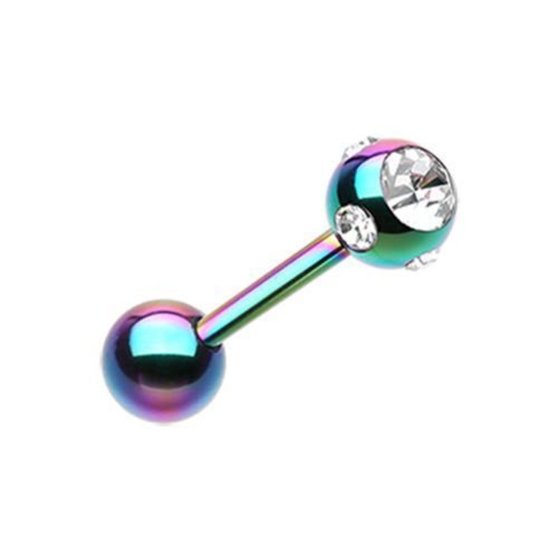 Rainbow/Clear PVD Aurora Gem Ball Barbell Tongue Ring 14G (1.6mm) Length: 5/8″ (16mm) | Ball-Size: 3/16″ (5mm)