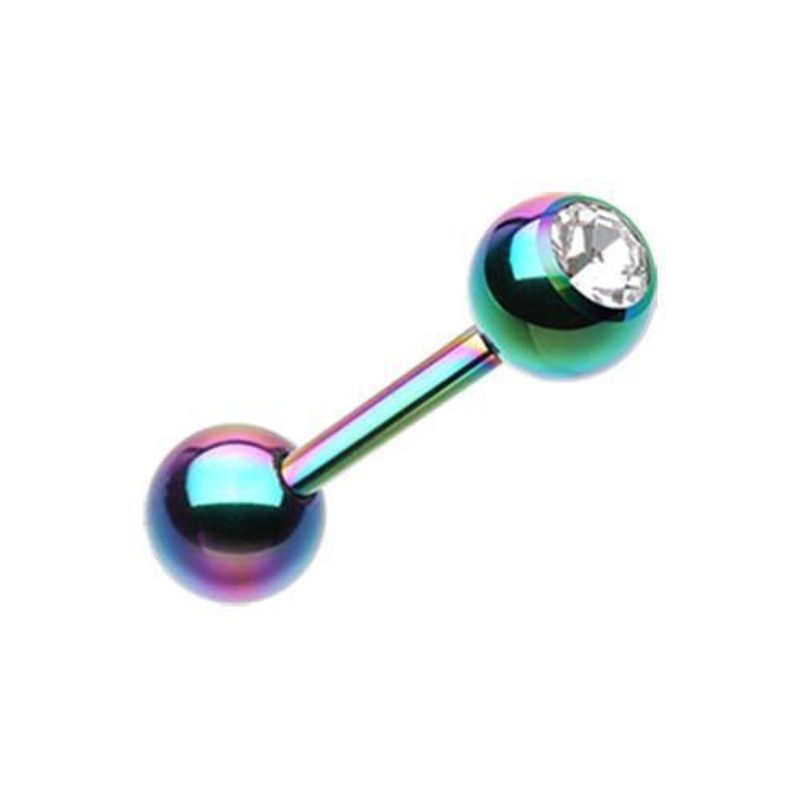 Rainbow/Clear PVD Gem Ball Barbell Tongue Ring 14G (1.6mm) Length: 5/8″ (16mm) | Ball-Size: 3/16″ (5mm)