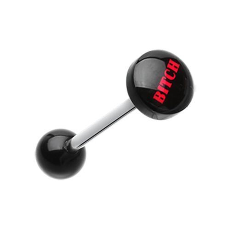 ‘BITCH’ Logo Acrylic Barbell Tongue Ring 14G (1.6mm) Length: 5/8″ (16mm) | Ball-Size: 5/16″ (8mm)