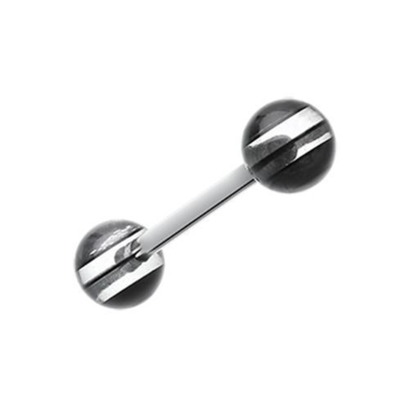 Black Clear Stripe UV Acrylic Barbell Tongue Ring 14G (1.6mm) Length: 5/8″ (16mm) | Ball-Size: 1/4″ (6mm)