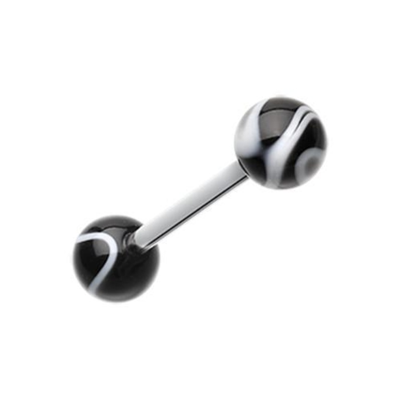 Black Marble Stripe Acrylic Top Barbell Tongue Ring 14G (1.6mm) Length: 5/8″ (16mm) | Ball-Size: 1/4″ (6mm)