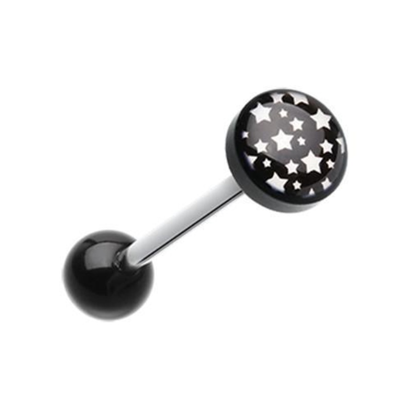 Black Multi Stars Logo Acrylic Barbell Tongue Ring 14G (1.6mm) Length: 5/8″ (16mm) | Ball-Size: 5/16″ (8mm)