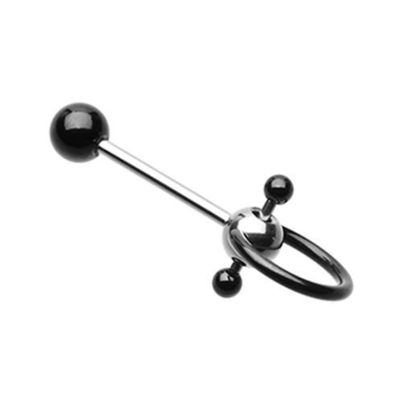 Black PVD Double Ball Slave Tongue Barbell Ring 14G (1.6mm) Length: 5/8″ (16mm)