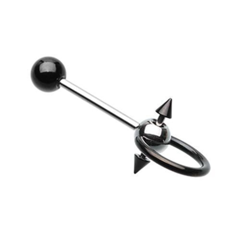 Black PVD Double Spike Slave Tongue Barbell Ring 14G (1.6mm) Length: 5/8″ (16mm)