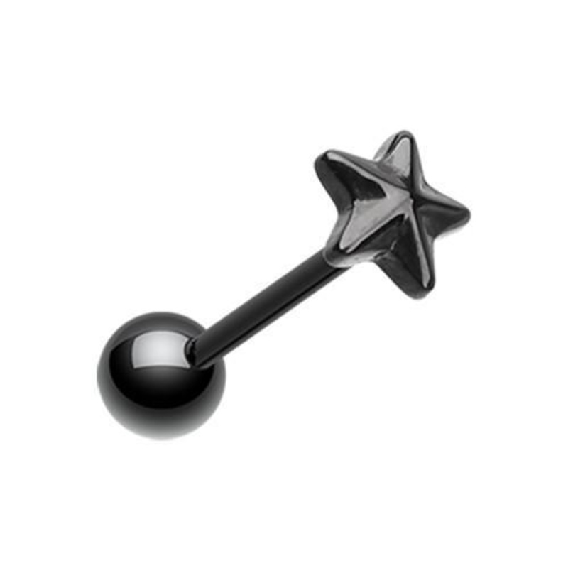 Black PVD Nautical Star Top Barbell Tongue Ring 14G (1.6mm) Length: 5/8″ (16mm) | Ball-Size: 5/16″ (8mm)