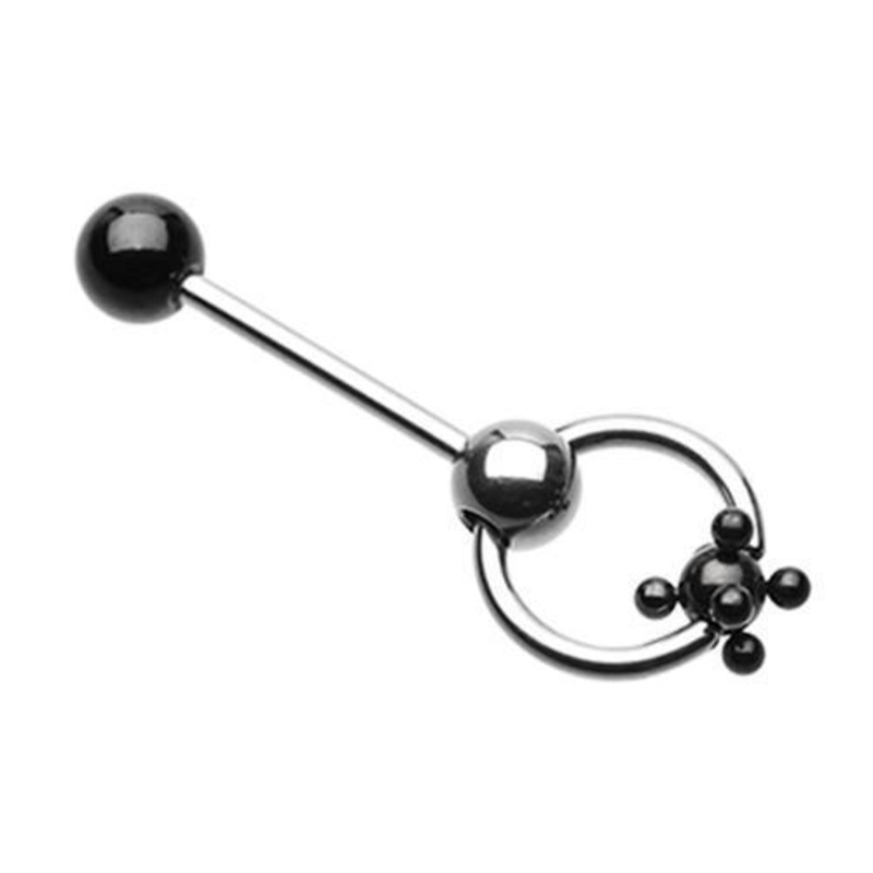 Black PVD Studded Ball Slave Tongue Barbell Ring 14G (1.6mm) Length: 5/8″ (16mm)