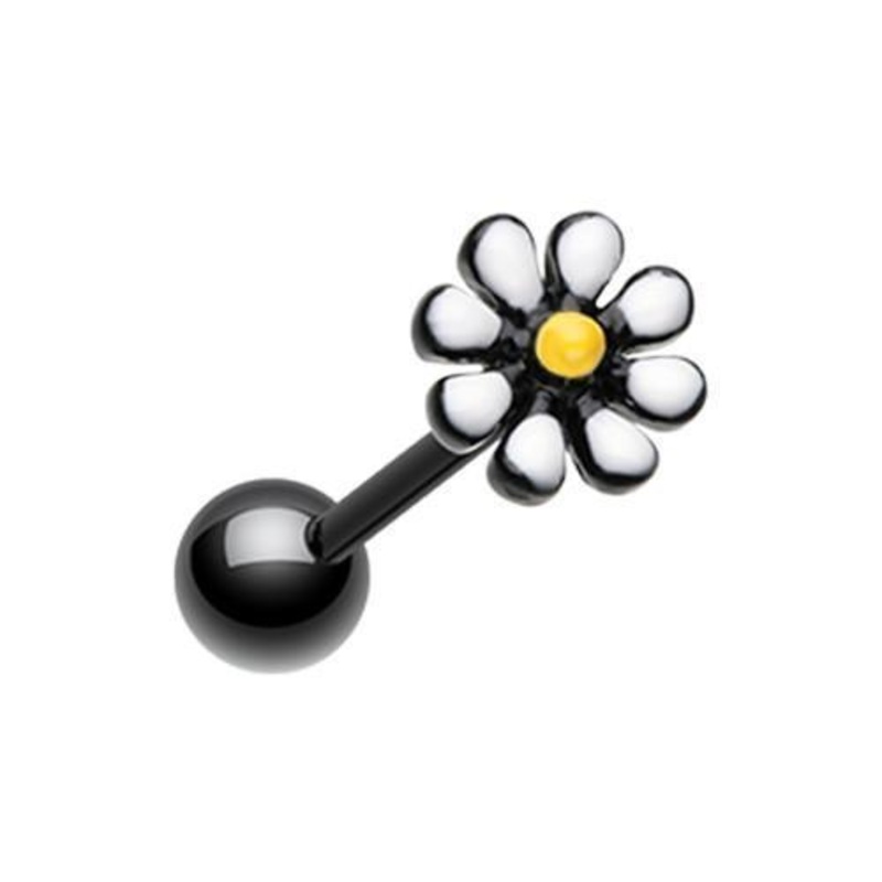 Black/White/Yellow Black Daisy Flower Barbell Tongue Ring 14G (1.6mm) Length: 5/8″ (16mm)