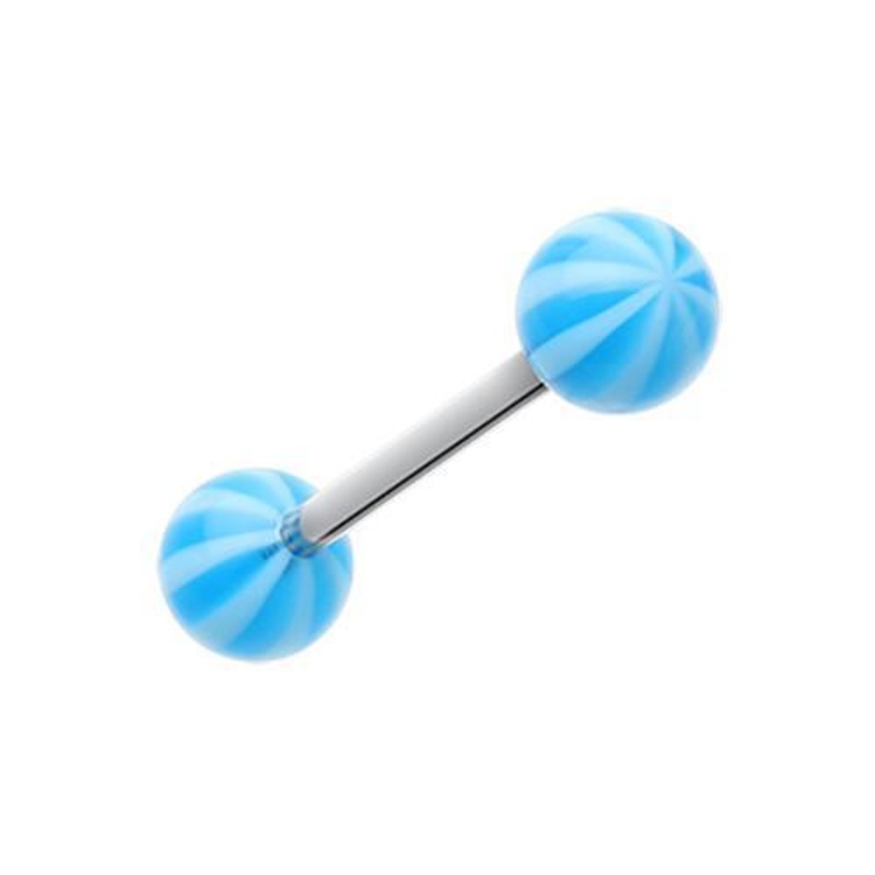 Blue Candy Stripe Acrylic Top Barbell Tongue Ring 14G (1.6mm) Length: 5/8″ (16mm) | Ball-Size: 1/4″ (6mm)