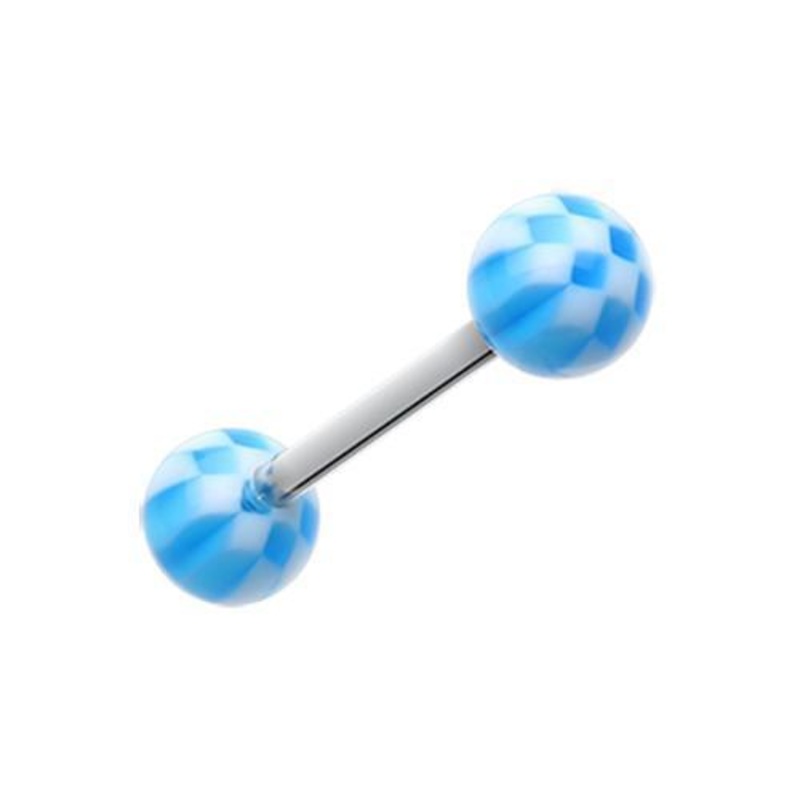 Blue Classic Checker Acrylic Top Barbell Tongue Ring 14G (1.6mm) Length: 5/8″ (16mm) | Ball-Size: 1/4″ (6mm)