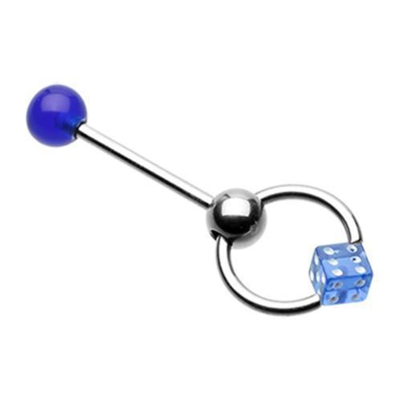 Blue Dice Top UV Acrylic Slave Tongue Barbell Ring 14G (1.6mm) Length: 5/8″ (16mm)