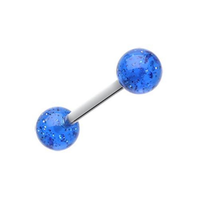Blue Glitter Ball UV Acrylic Barbell Tongue Ring 14G (1.6mm) Length: 5/8″ (16mm) | Ball-Size: 1/4″ (6mm)