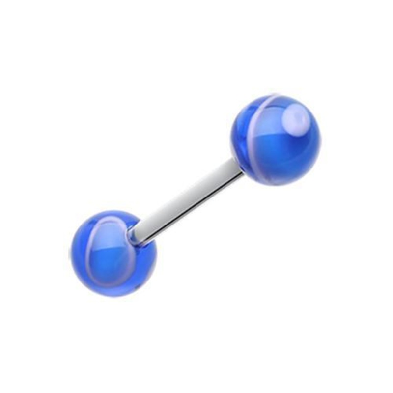 Blue Marble Stripe Acrylic Top Barbell Tongue Ring 14G (1.6mm) Length: 5/8″ (16mm) | Ball-Size: 1/4″ (6mm)