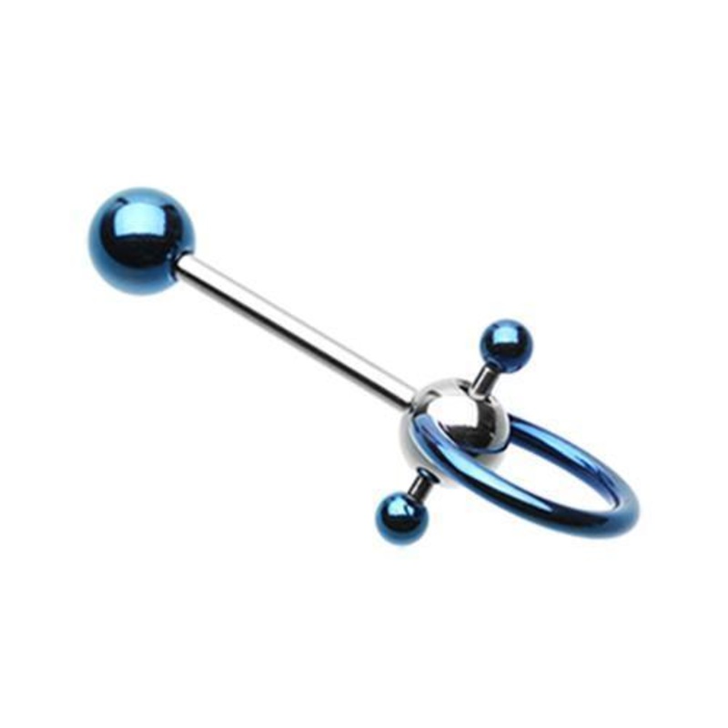 Blue PVD Double Ball Slave Tongue Barbell Ring 14G (1.6mm) Length: 5/8″ (16mm)