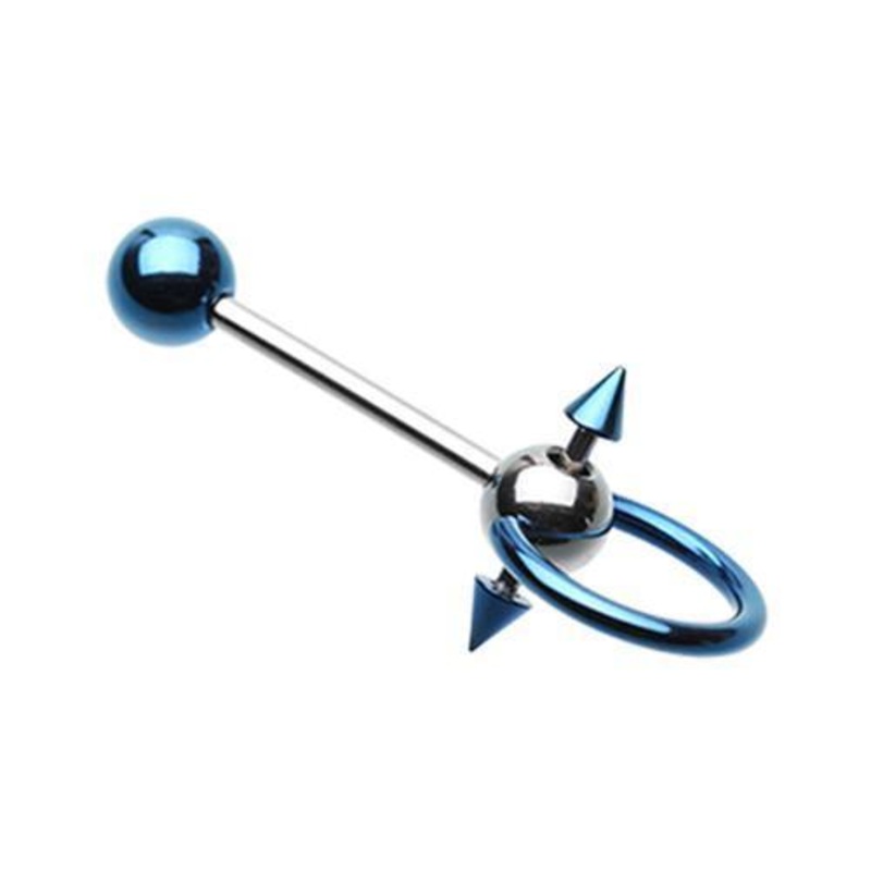 Blue PVD Double Spike Slave Tongue Barbell Ring 14G (1.6mm) Length: 5/8″ (16mm)