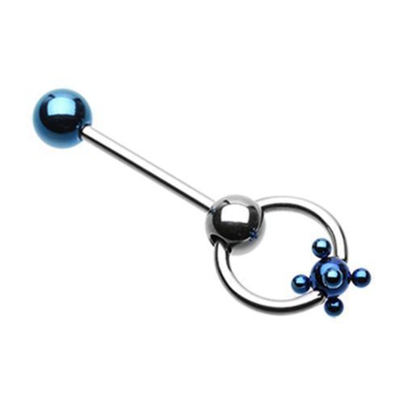 Blue PVD Studded Ball Slave Tongue Barbell Ring 14G (1.6mm) Length: 5/8″ (16mm)