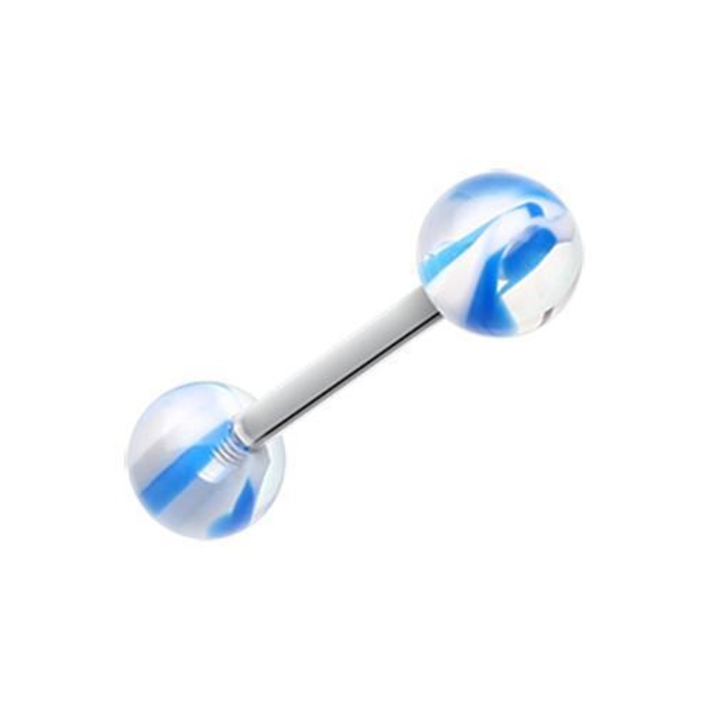 Blue/White Marble Lace Acrylic Top Barbell Tongue Ring 14G (1.6mm) Length: 5/8″ (16mm) | Ball-Size: 1/4″ (6mm)