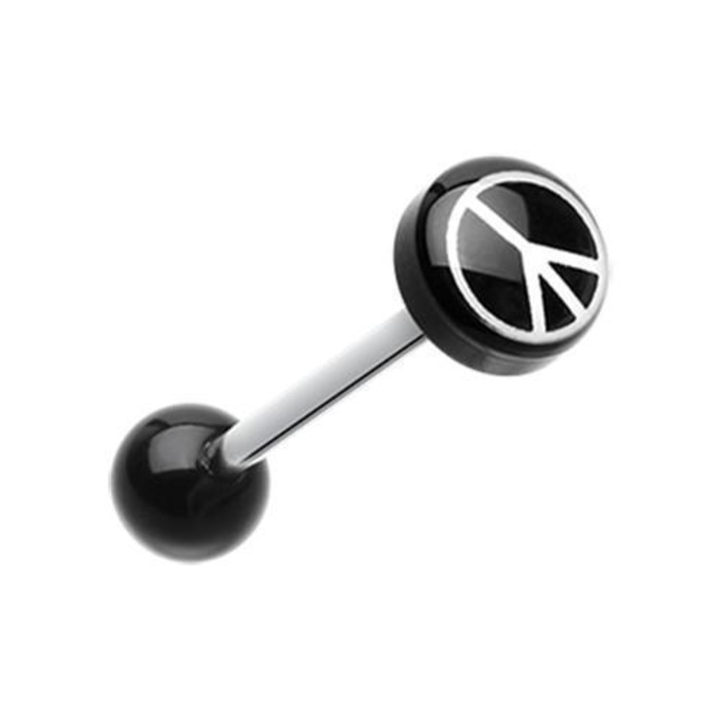 Classic Peace Logo Acrylic Barbell Tongue Ring 14G (1.6mm) Length: 5/8″ (16mm) | Ball-Size: 5/16″ (8mm)