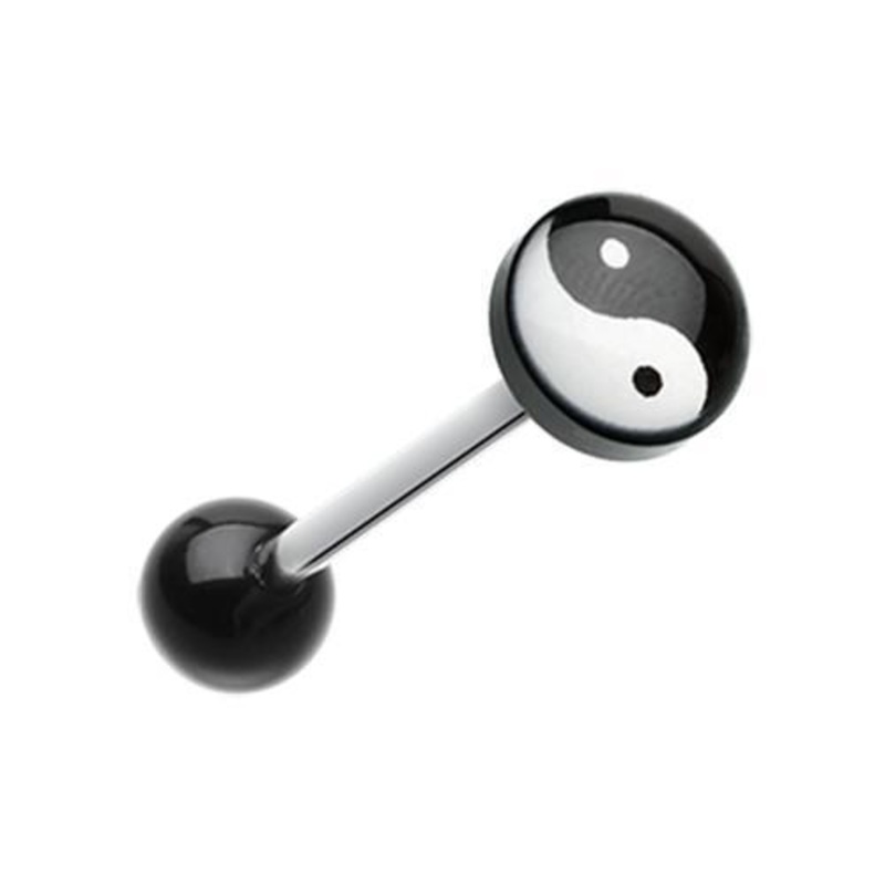 Classic Ying Yang Logo Acrylic Barbell Tongue Ring 14G (1.6mm) Length: 5/8″ (16mm) | Ball-Size: 5/16″ (8mm)