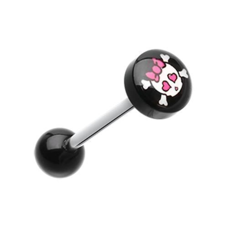 Cute Emo Skull Logo Acrylic Barbell Tongue Ring 14G (1.6mm) Length: 5/8″ (16mm) | Ball-Size: 5/16″ (8mm)